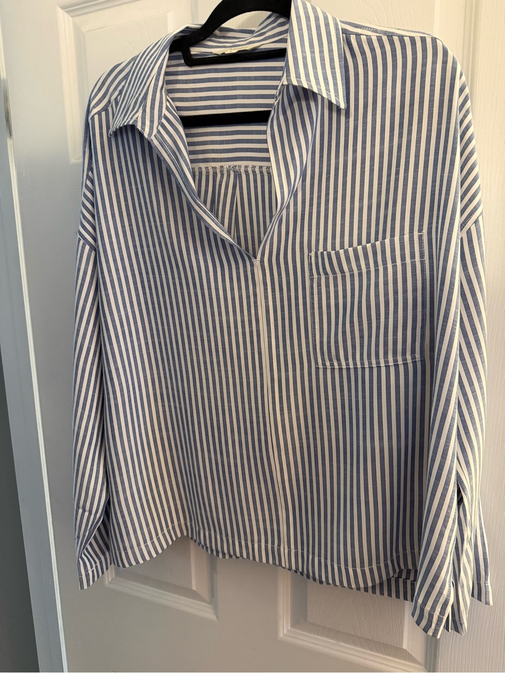 Max Studio Blue and White Vertical Stripe Button-Front Shirt